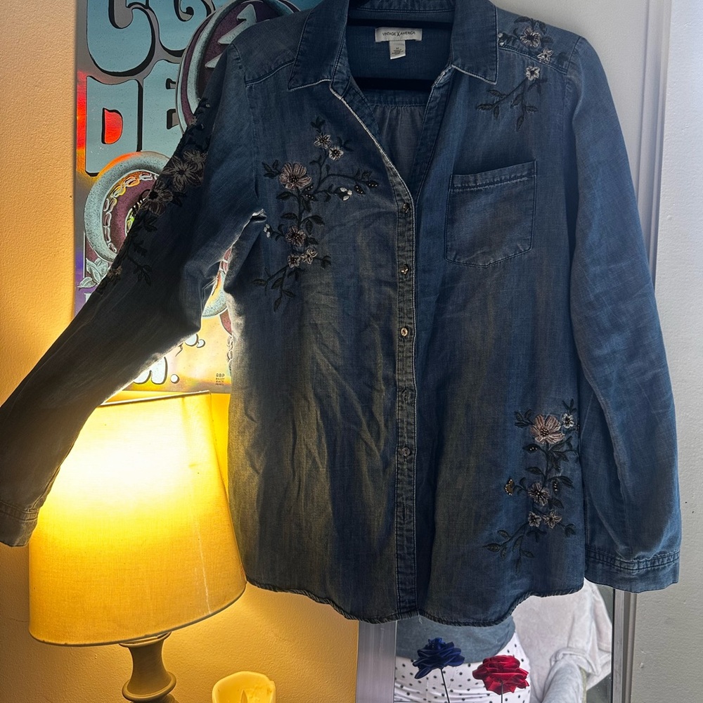 Vintage America Blue Jean Jacket with Black Floral Embroidery